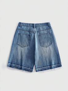 ROMWE MEN Street Life Shorts de mezclilla con gráfico de letra de strass para hombre - Azul - Ver 2