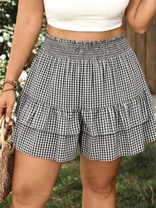 SHEIN LUNE Black & White Plaid Ruffle Hem Shorts, Slimming, Spring/Summer - Black and White - View 3