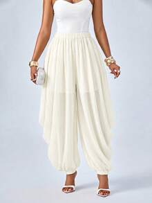 SOLERSUN White Threaded Chiffon Non-Stretch Fabric Elastic Waistband Loose Pleated Trousers Picnic Party Summer Elegant Beach - Apricot - View 6