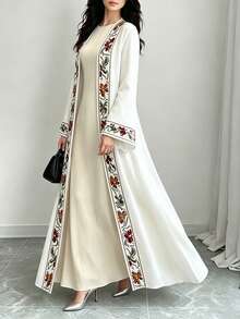 SHEIN Najma 花卉蕾絲仿刺繡印花白色女款優雅阿拉伯式長袍，春秋時尚長袖開襟長外套，阿拉伯風情服飾 - 彩色 - 查看 6