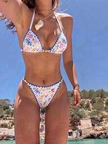 Swim Mod Bộ 2 chiếc/bộ đồ bơi bikini móc hoa vỏ sò sâu chữ V dễ thương bằng vải micropattern Marine không dây buộc dây, kỳ nghỉ bãi biển cho mùa xuân và mùa hè - Xanh và trắng - Xem 1