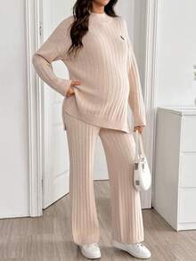 SHEIN Conjunto de suéter de unicolor con abertura lateral & pantalones de punto para maternidad - Albaricoque - Ver 3
