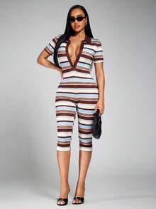 Radiana Women's Summer Casual Minimalist Fashion Commuter Style Fitted Jumpsuit, Short Sleeve Black And White Striped POLO Collar Cropped Jumpsuit, Fitted Capri Pants, Knitted High Elastic Slim Fit Jumpsuit, Casual Jumpsuit, Suitable For Daily Casual Outings, Urban, Commuting, Office, Professional Wear, Casual Wear, Vacation, Holiday Travel Clothing - Multicolor - View 7