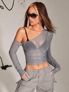 SHEIN ICON Grey Asymmetrical Neck Sheer Mesh Perspective Top Without Bra - Grey - View 7