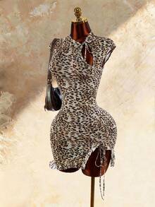 Amplova Women's Leopard Print Mini Dress With Cheongsam Collar - Multicolor - View 2