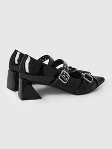 ROMWE Grunge Punk Elegant Pointed Toe Chunky Heel Lacquer Leather Pumps For Christmas Y2K 2000s Style - blue black - View 4