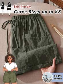 SHEIN CURVE+ 女士加大码时尚休闲宽松短裤，带口袋设计，适合春夏度假穿着 - 軍綠色 - 查看 1