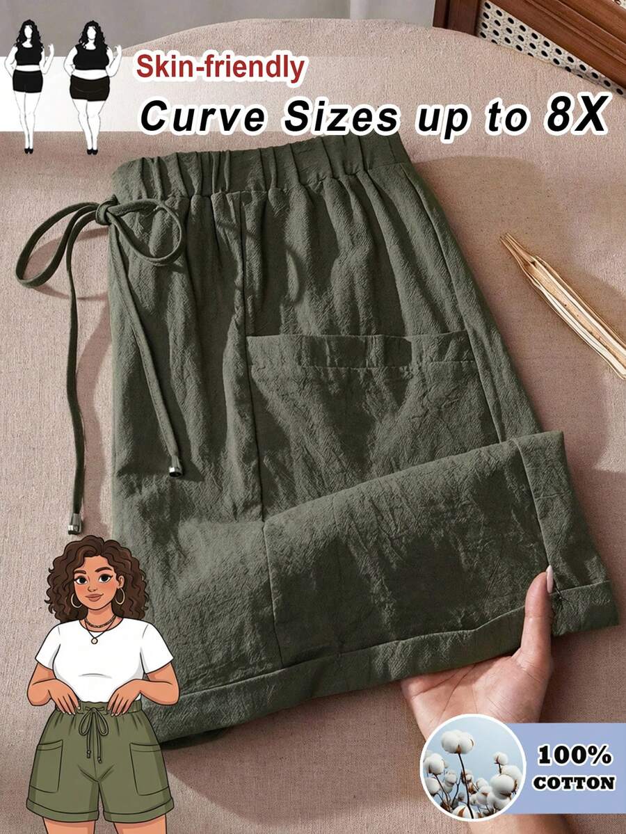 SHEIN CURVE+ 女士加大码时尚休闲宽松短裤,带口袋设计,适合春夏度假穿着 - 軍綠色 - 查看 1