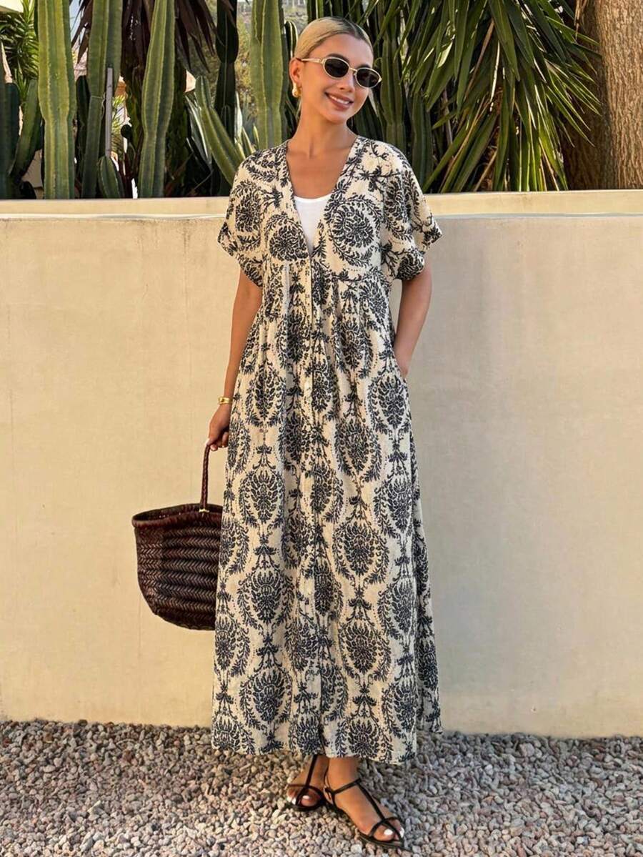 FRIFUL Women's Casual Vacation All-Over Print Dress Sundress Boho - Black and White - View 1
