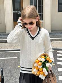 SHEIN Serisse Kids 青少年女孩优雅纹理 V 领长袖修身毛衣，适合日常、周末、休闲外出、返校穿着 - 白色 - 查看 4