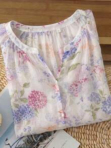 Linhara Vintage V-Neck Lantern Sleeve Loose Casual Plus Size Women Blouse - White - View 6