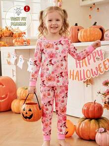 Girls Pumpkin Bow Print Long Sleeve Pants Snug Fit Halloween Style Loungewear Set Festival Outfits Winter Fall - Multicolor - View 9