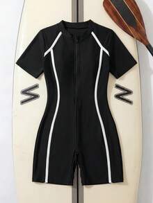 SHEIN Tween Girls Leisure Vacation Swim Summer Beach Black Patchwork Leopard Print Zipper One Piece Swimsuit, Summer Beach - Black and White - View 7