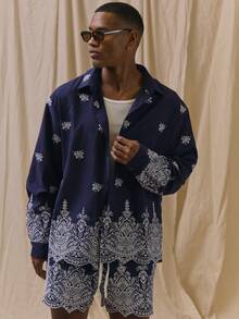 Musero Long Sleeve Drop Shoulder Boxy Fit Button Up Shirt Motif Design - Blue - View 2