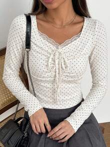 Dazy Tall Tall Women's Casual Polka Dot & Lace Patchwork Long Sleeve T-Shirt Spring - Black and White - View 1
