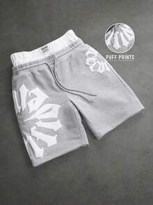 SLATEMANN Pantalones cortos para hombre con estampado de letras y cintura en contraste - Gris - Ver 2