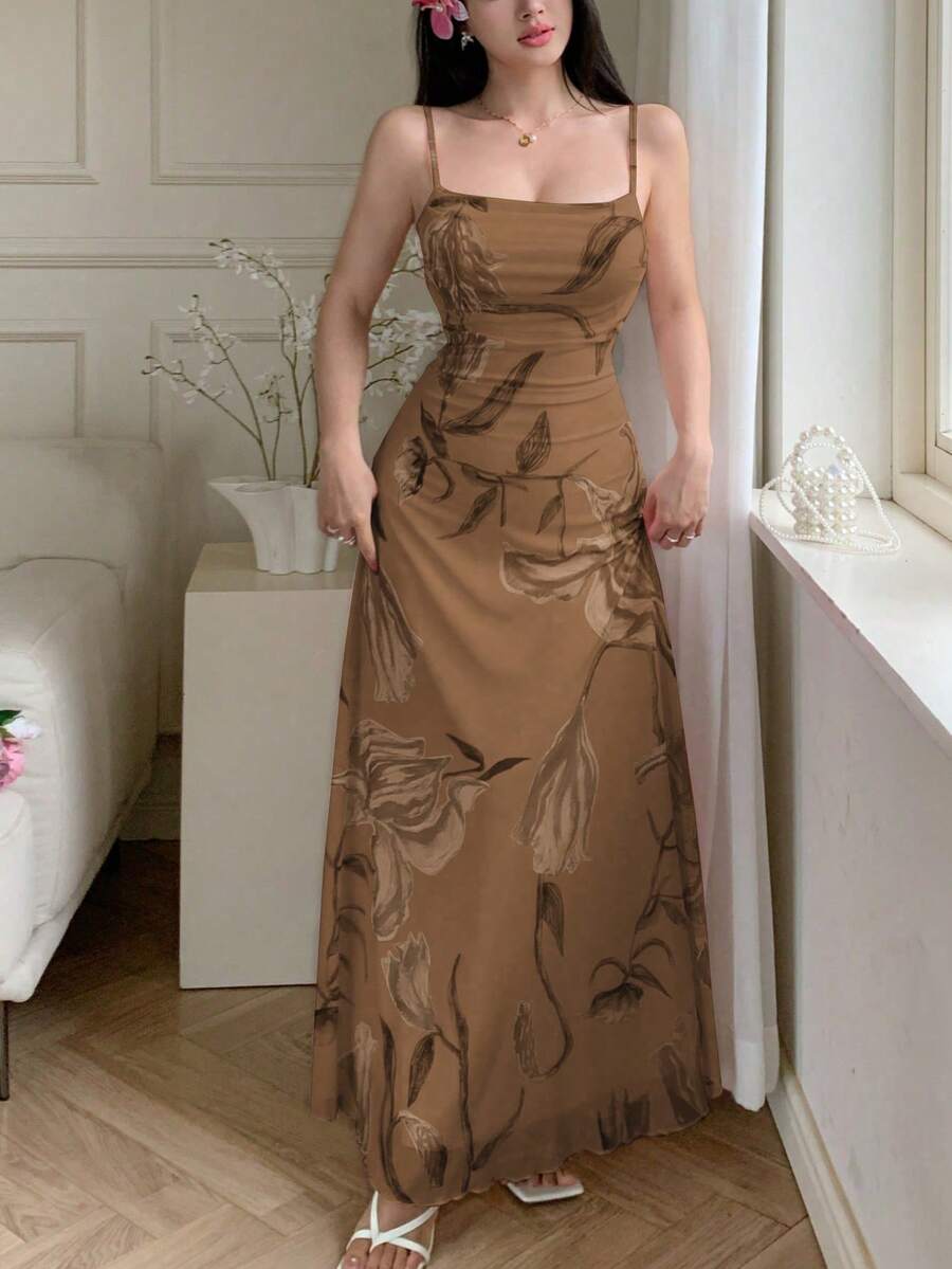 Modelyn 女款網紗印花細肩帶垂領抓皺腰性感夏季洋裝 - 棕色 - 查看 1