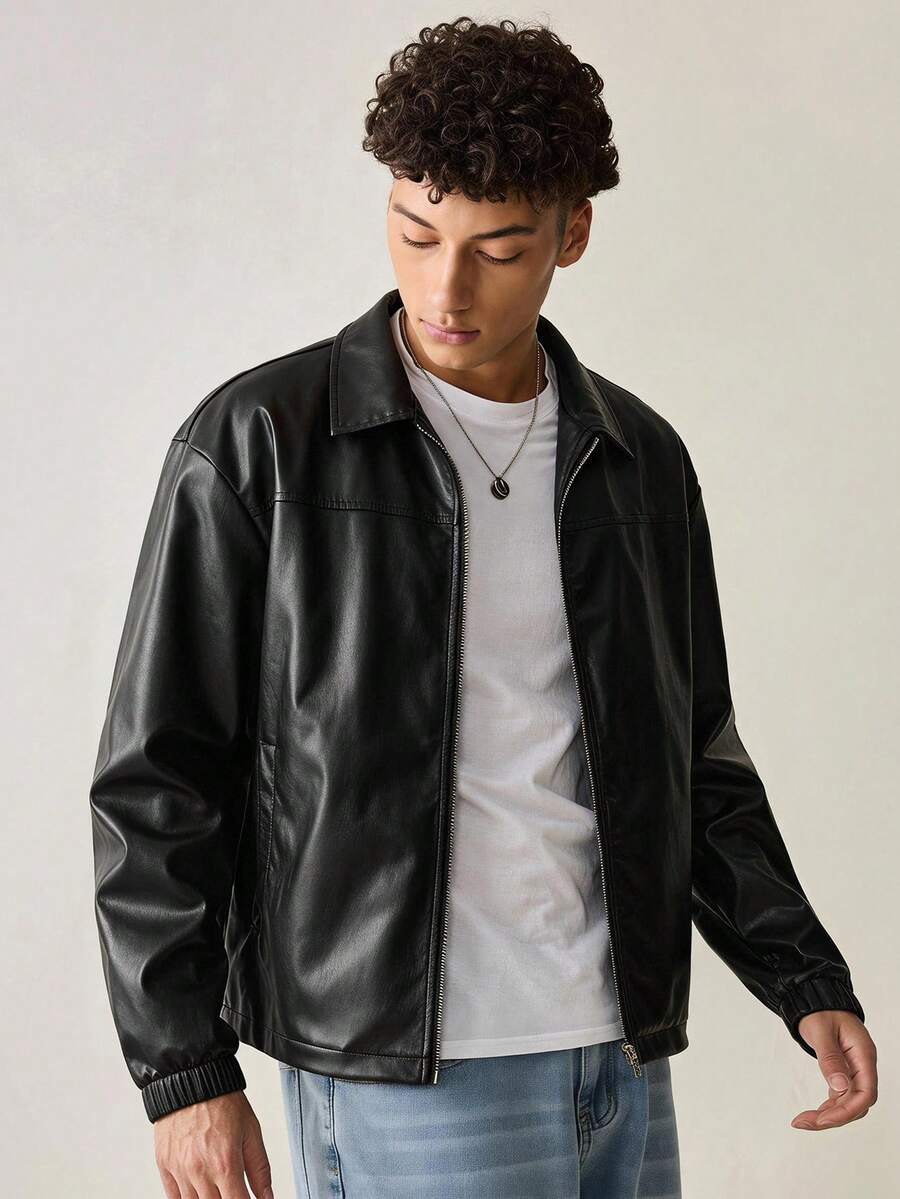 SWAVVY Men's Woven Fashion Casual Young PU Leather Fitted Long Sleeve Jacket - Black - View 1