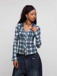 COUREZ 長袖網格格紋上衣 /Y2K Y2K上衣 秋季上衣 秋季服飾 秋季女裝 外出穿搭 外出上衣 - 彩色 - 查看 5