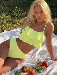 Swim Mod Conjunto de bikini de volantes con estampado floral y rayas para vacaciones de verano de mujer - Amarillo - Ver 5