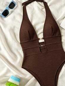 Swim SXY Springbreak 女款黃色羅紋針織提花鏤空深露背 V 領掛脖高衩連身泳衣，性感休閒海灘度假、泳池派對、溫泉、海灘穿搭、音樂節波希米亞風 - 咖啡棕 - 查看 5
