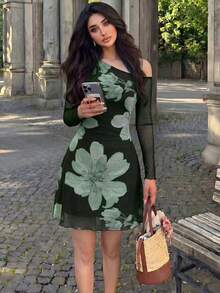 Modelyn 網格印花不對稱領口抓皺優雅性感夏季女裝洋裝 - 墨綠色 - 查看 5