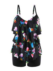 Swim Lushoire Set de 2 piezas de tankini con volantes de estampado colorido para mujeres, conjunto de ropa de playa y vacaciones de verano - Multicolor - Ver 6