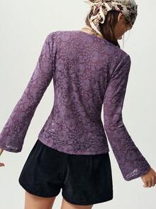 Bohemela 女款蕾絲單排扣修身百搭休閒上衣 - 淡紫色 - 查看 5