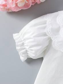 SHEIN 1件女童夏季白色甜美蕾絲雙層彼得潘領泡泡短袖襯衫，適合日常穿著、外出、約會、野餐、購物 - 白色 - 查看 7