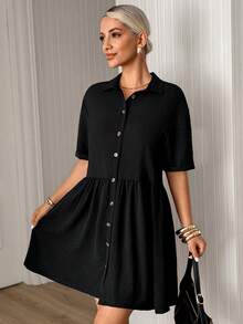 Women's Solid Color Short Sleeve Single-Breasted Ruffle Hem Casual Dress - Black - View 1