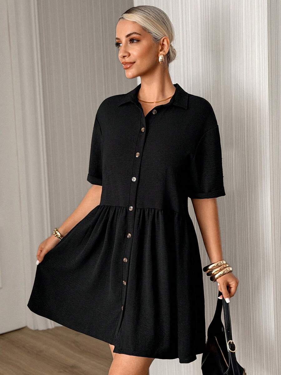 Women's Solid Color Short Sleeve Single-Breasted Ruffle Hem Casual Dress - Black - View 1
