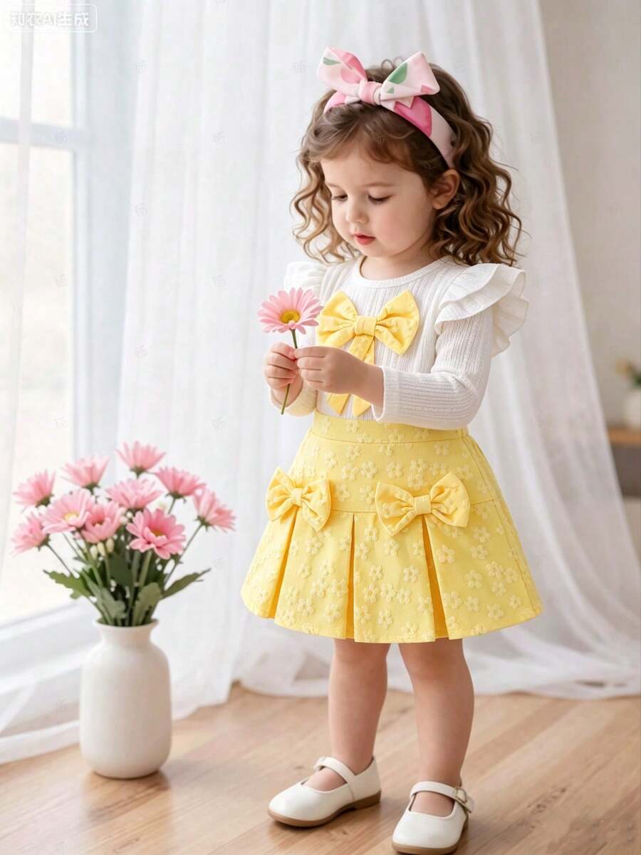 SHEIN Playful Pals 嬰兒女寶寶白色針織紋理面料荷葉袖長袖上衣與粉色燈芯絨裙子T恤套裝,甜美可愛2件式嬰兒套裝 - 黃色 - 查看 1