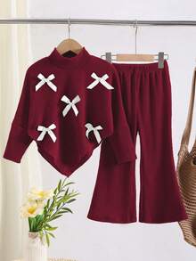 Souflis Souflis Little Girls 2‑Piece Outfit Mock Neck Batwing Sleeve Irregular Hem Top With White Bow Decor Ribbed Flare Pants Fall Set Back To School Clothes Girls - Burgundy - View 6