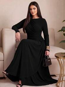SHEIN Lady CURVE Plus Size Women's Elegant Long Sleeve Pleated Dress, Yellow, Autumn/Winter Fall - Black - View 7