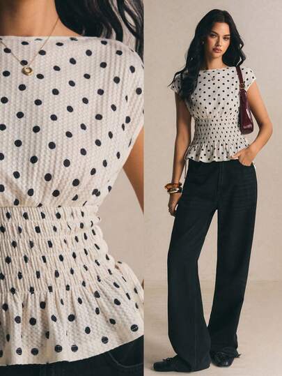 Poéselle Blusa casual versátil de mujer con lunares y plisados para uso diario y salidas