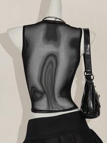 SHEIN ICON Y2k 夏季黑色网纱透视性感水钻亮片女士水钻字母网纱露背紧身吊带背心 - 黑色 - 查看 4