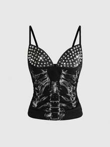ROMWE Grunge Punk Summer Sexy Dark PUNK Rivet Skull Skeleton Print Patchwork Sleeveless Top For Women - Black - View 1