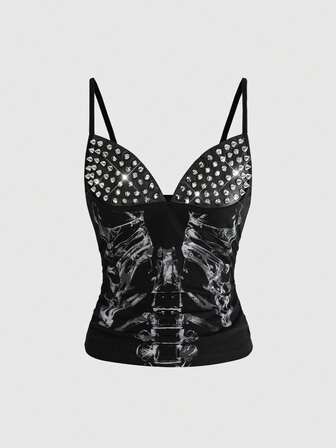 Grunge Punk Top sin mangas con estampado de calavera, remaches y parches en estilo punk oscuro y sexy para mujeres