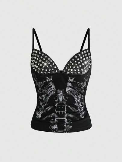 Grunge Punk Top senza maniche estivo sexy e punk, con stampa di teschi e scheletri, con borchie e patchwork, per donne