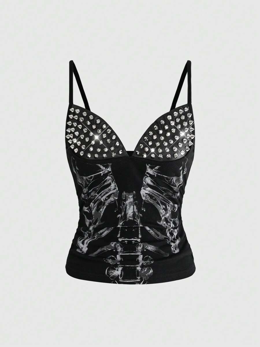 ROMWE Grunge Punk Summer Sexy Dark PUNK Rivet Skull Skeleton Print Patchwork Sleeveless Top For Women - Black - View 1