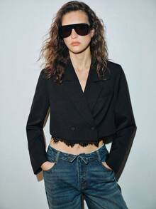 MOTF PREMIUM URBAN LACE PATCHWORK CROPPED BLAZER SPRING/SUMMER - Black - View 5