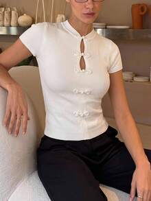 Lumalex Ivory Knit Crop Top With Mandarin Collar Short Sleeves Frog Knot Buttons Front Keyhole Cutouts Ribbed Cuffs Luxury Top Outfits For Parties Dates Daily - Apricot - View 9