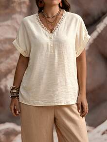 Linhara CURVE Plus Size Women's Solid Color Contrast Lace Trim Short Sleeve Blouse, Summer Casual Loose Fit Shirt - Apricot - View 5
