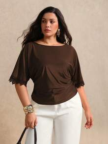 Juhart Plus Size Women's Summer Drapey Cool Solid Color Knit Hollow Out Open Back Tie Bow Lace Patchwork Design Elegant Minimalist Commute Top T-Shirt Brown - Brown - View 5