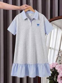 青少年女孩 Polo 領條紋刺繡圖案短袖中長洋裝，適合青少年女孩，對比色荷葉領花瓣袖印花洋裝，適合學校、戶外活動、購物，鈕扣洋裝 - 彩色 - View 6
