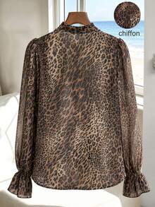 GlowEve CURVE Plus Size New Leopard Print Chiffon Fabric Stand Collar Button-Down Shirt Long Sleeve With Lace Trim On Chest For Women Fall - Brown - View 2
