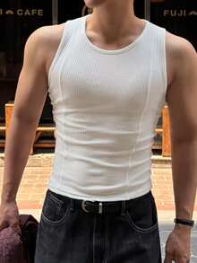 DAZY Men's Ribbed Minimalist Everyday Crew Neck Tank Top, Versatile - White - View 6