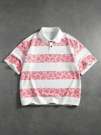 Men's Leopard Print Patchwork Striped Loose Fit Polo Shirt, Spring/Summer