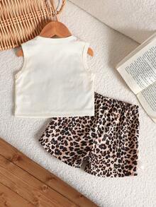 SHEIN Bộ đồ hè cho bé gái màu mơ và họa tiết da báo, gồm áo không tay có họa tiết và quần short họa tiết da báo với nơ màu mơ, trang phục thiết yếu hàng ngày. - Màu Khaki - Xem 2