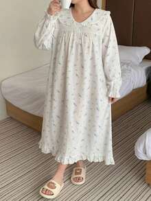 Dazy Plus Ditsy Floral Frill Trim Oversized Collar Sweet Long Sleeve Spring/Autumn New Long Nightgown - White - View 2